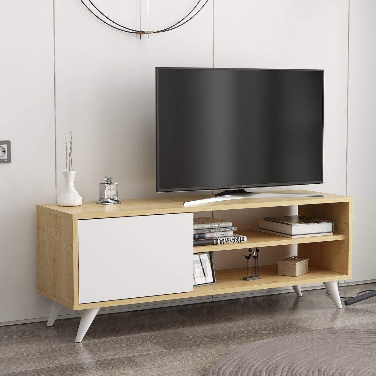 Comodă TV Venga, Diverse culori, 120x35x48 cm - Stejar - Alb | SKU: 935CMN2306 | Comodă TV Venga, 120x35x48 cm, varianta Stejar - Alb, produs pentru amenajarea locuinței, disponibil online în România la CasaMob