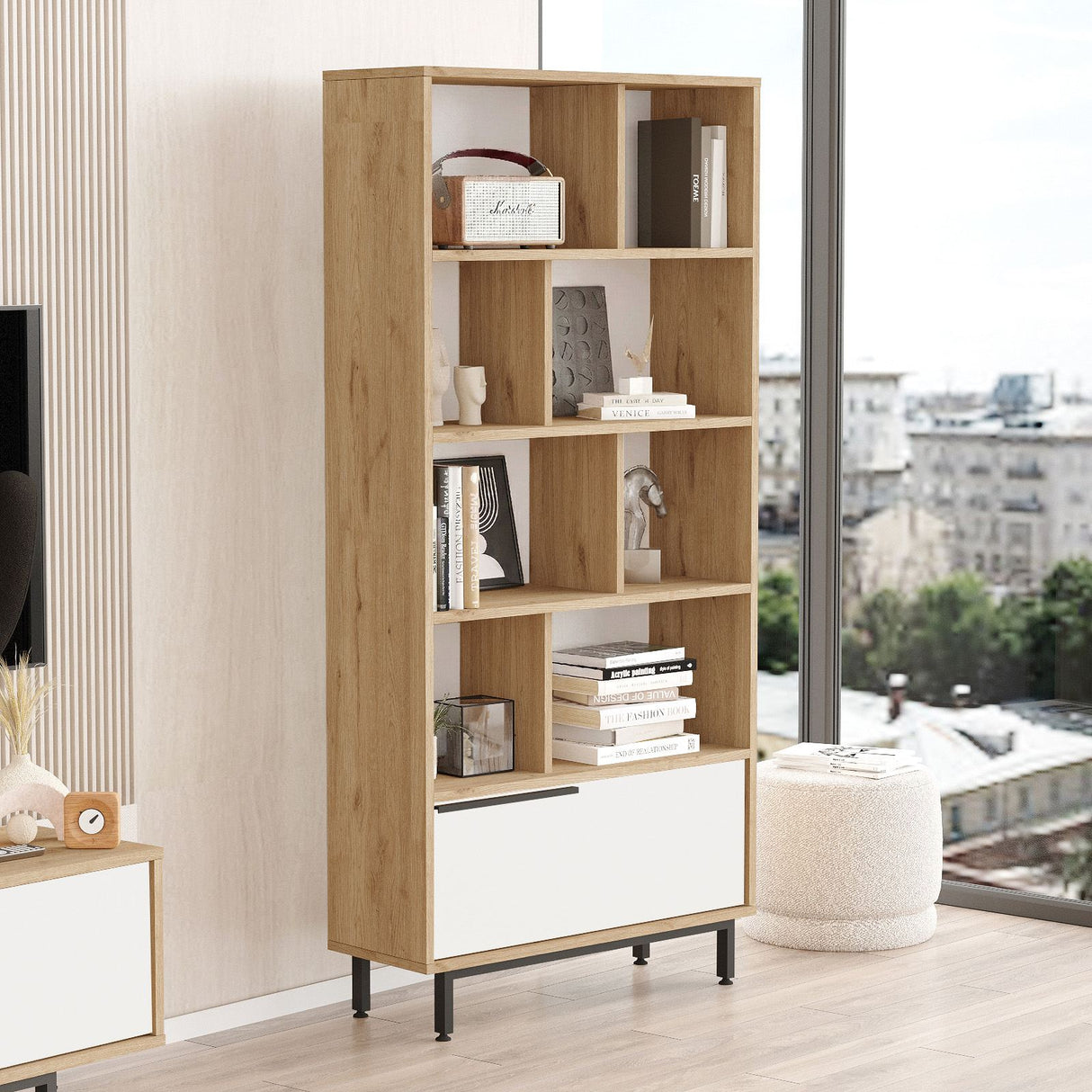 Bibliotecă ON4-SW, Stejar - Alb, 84x30x176 cm