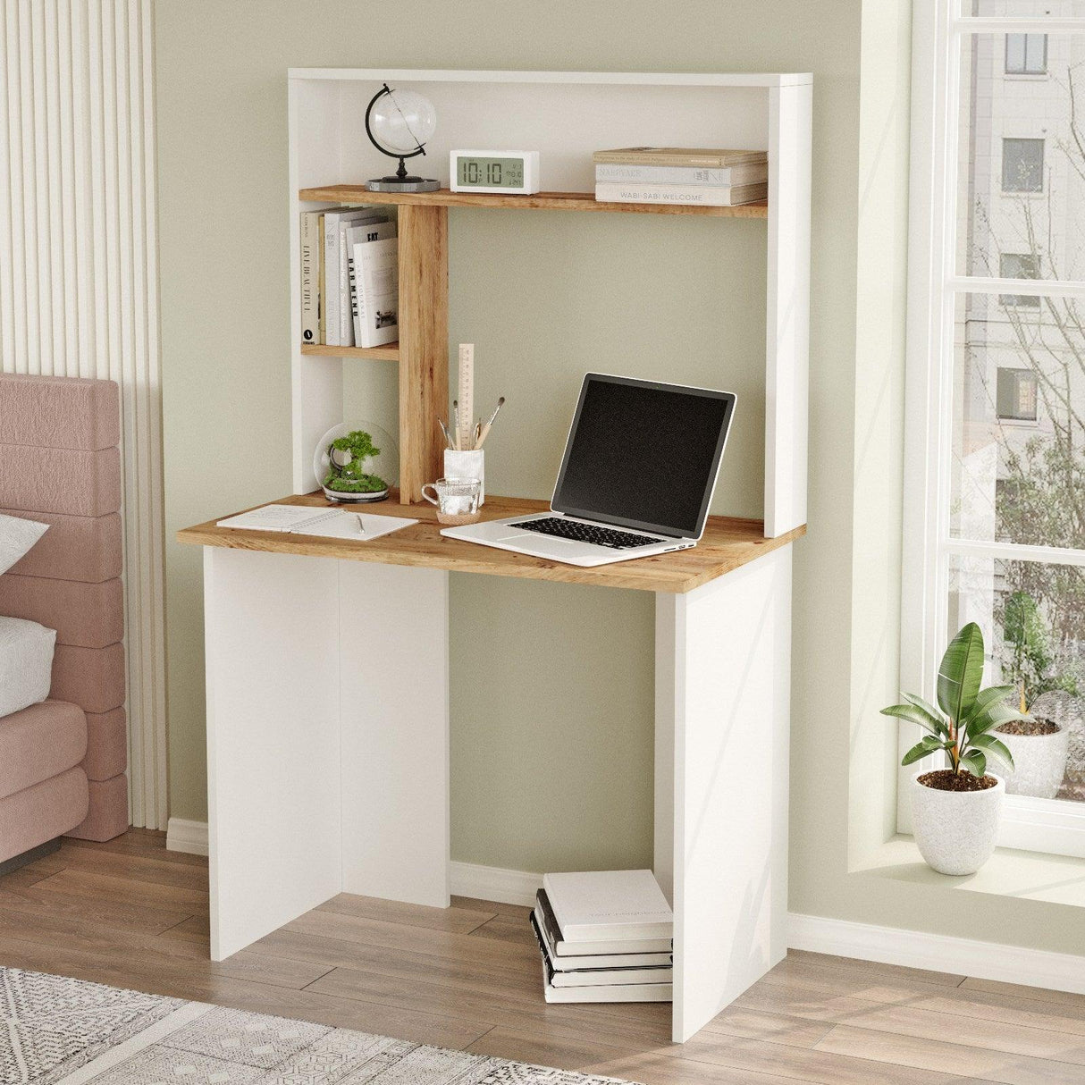 Birou cu Biblioteca Sanaber, 90 x 149 x 52 cm - Alb, SKU 956LCS1135