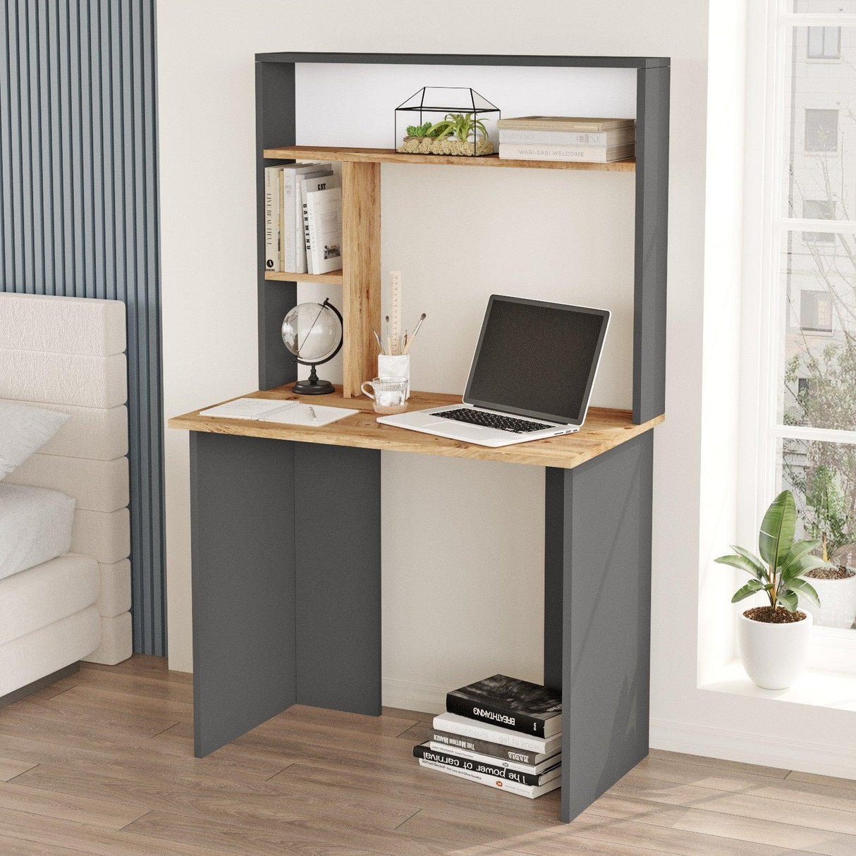 Birou cu Biblioteca Sanaber, 90 x 149 x 52 cm - Gri, SKU 956LCS1135