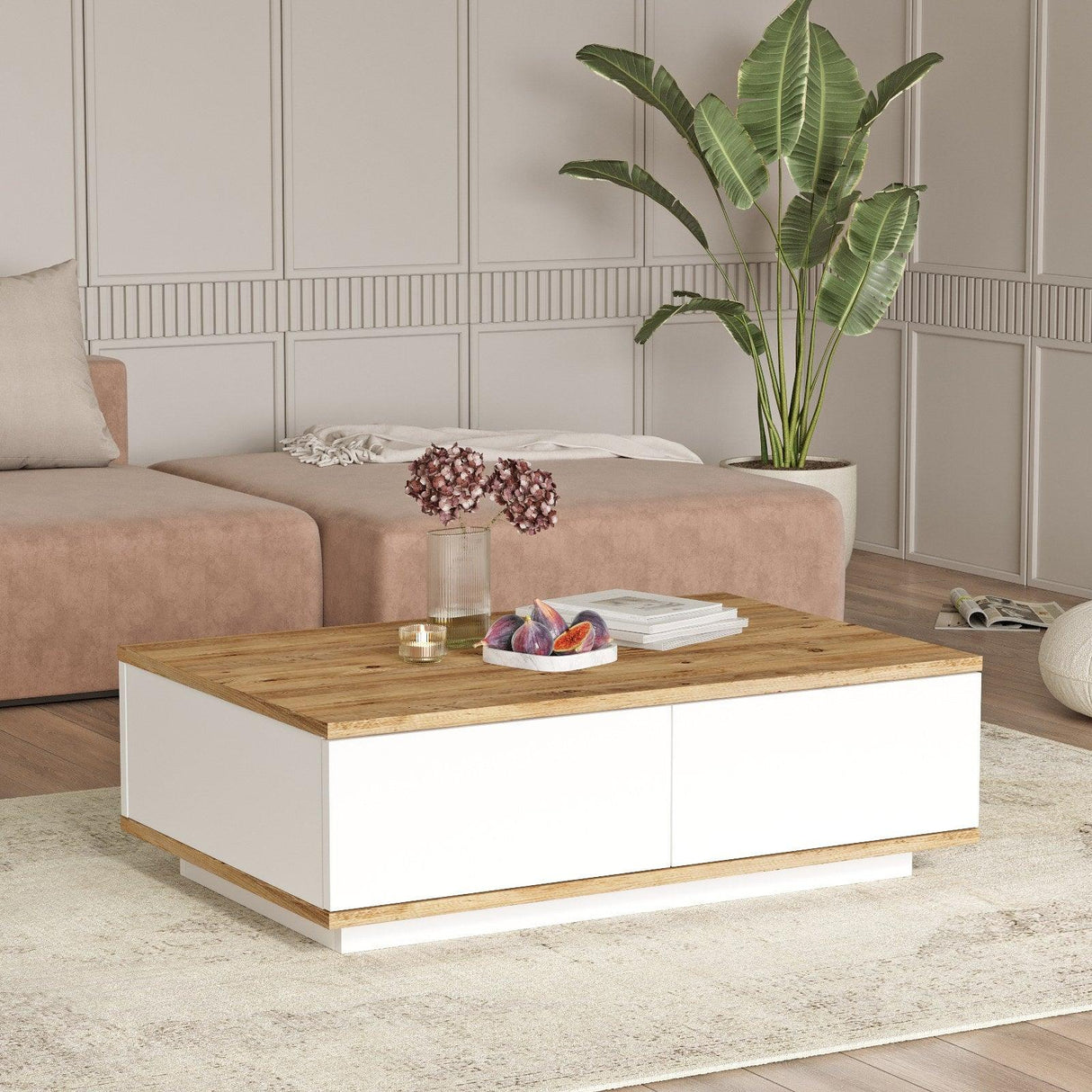 Masuta de cafea Vario Stil Venetia, Alb -  Stejar, 90 x 29 x 60 cm