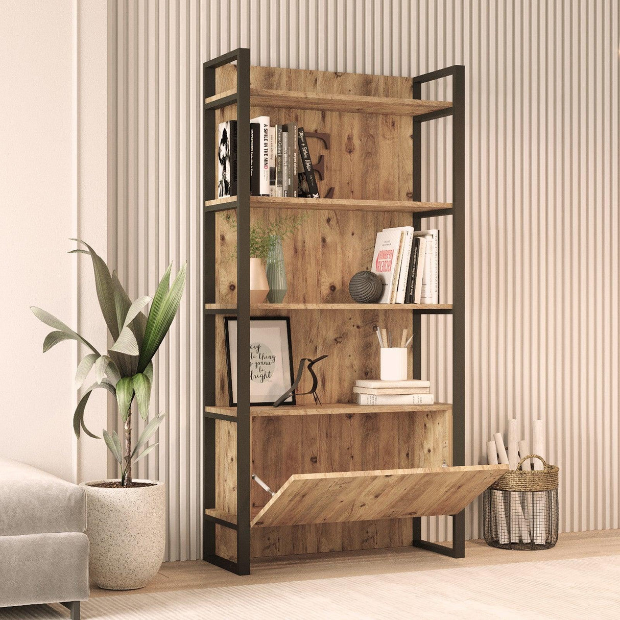 Biblioteca Kosem Sultan cadru metal, Stejar, 90 x 180 x 34 cm