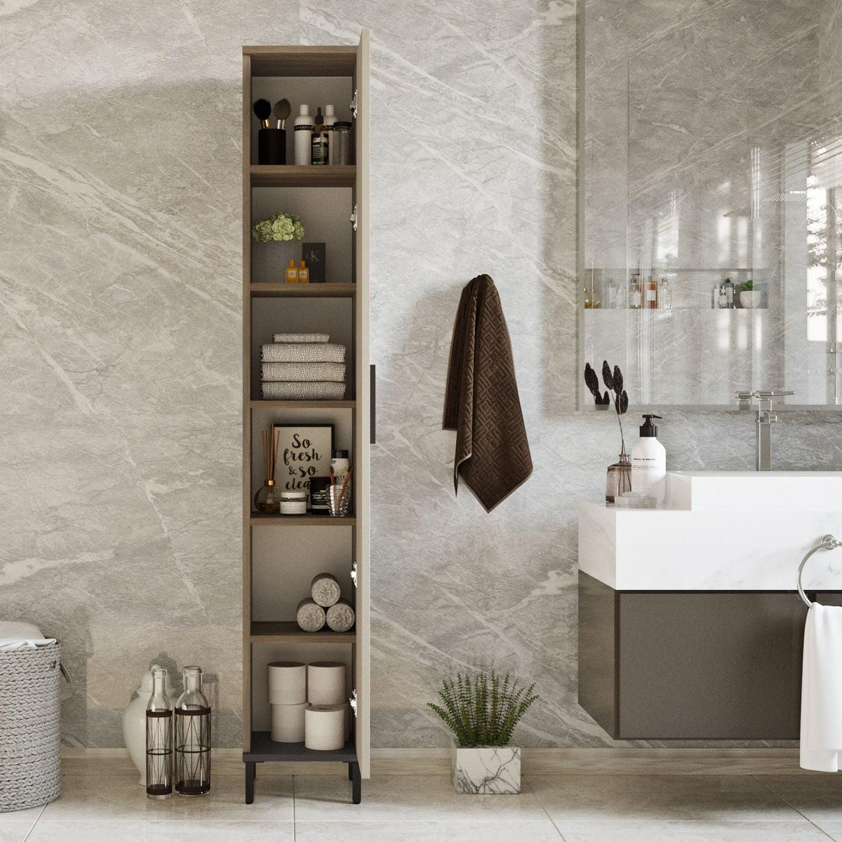 Dulap de Baie cu 6 compartimente, Crem - Maro, 30 x 184 x 30 cm, SKU 956LCS1514