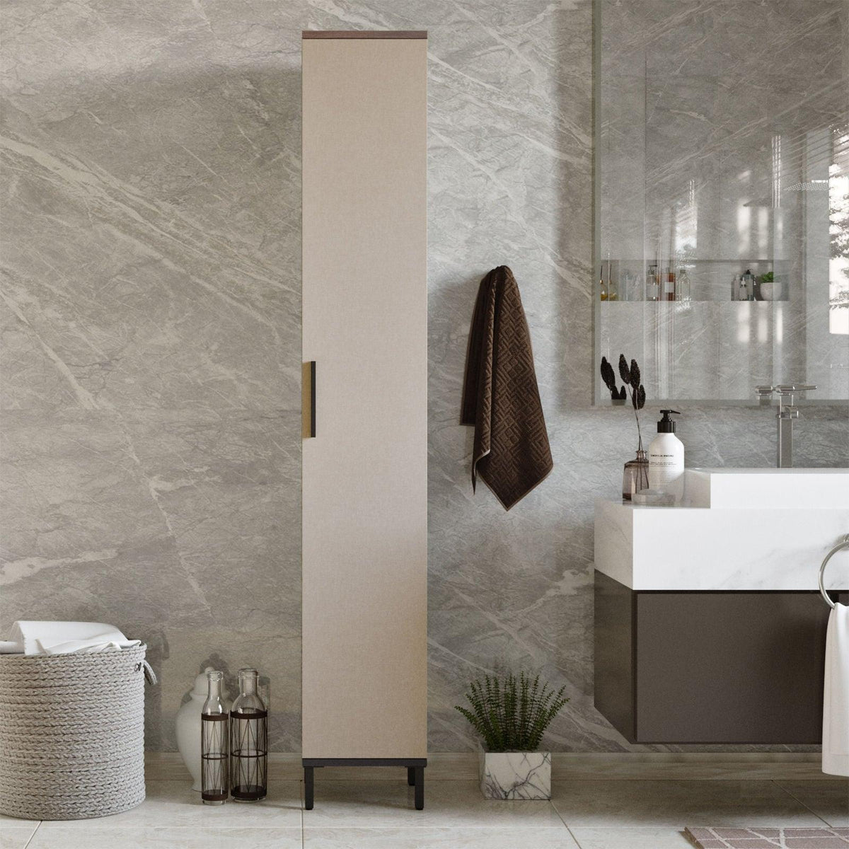Dulap de Baie cu 6 compartimente, Crem - Maro, 30 x 184 x 30 cm, SKU 956LCS1514