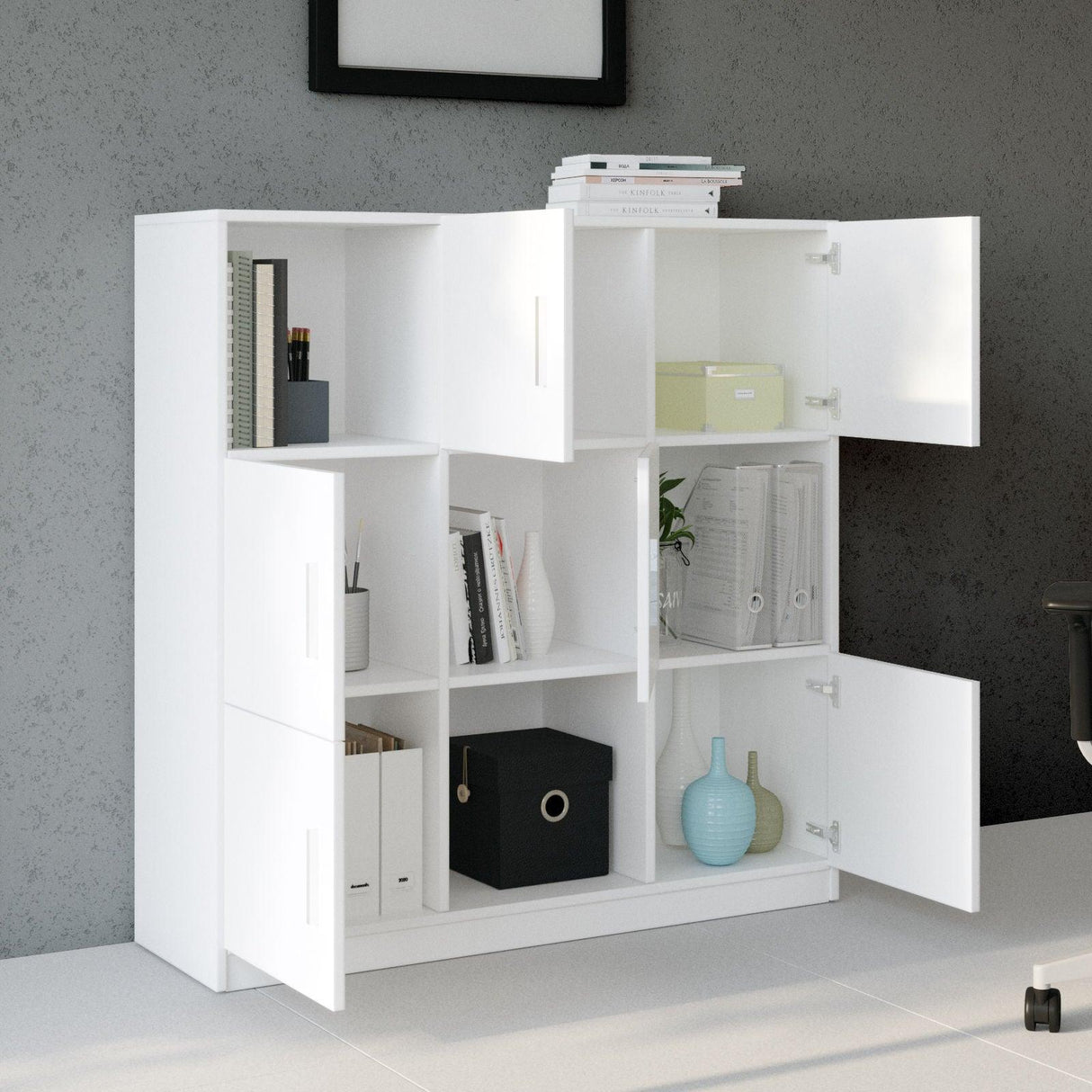 Dulap Multifunctional Birou Dormitor Zappu cu 6 Usi, Alb - Negru - Gri, 120 x 122 x 38 cm - Alb, SKU 956LCS1517