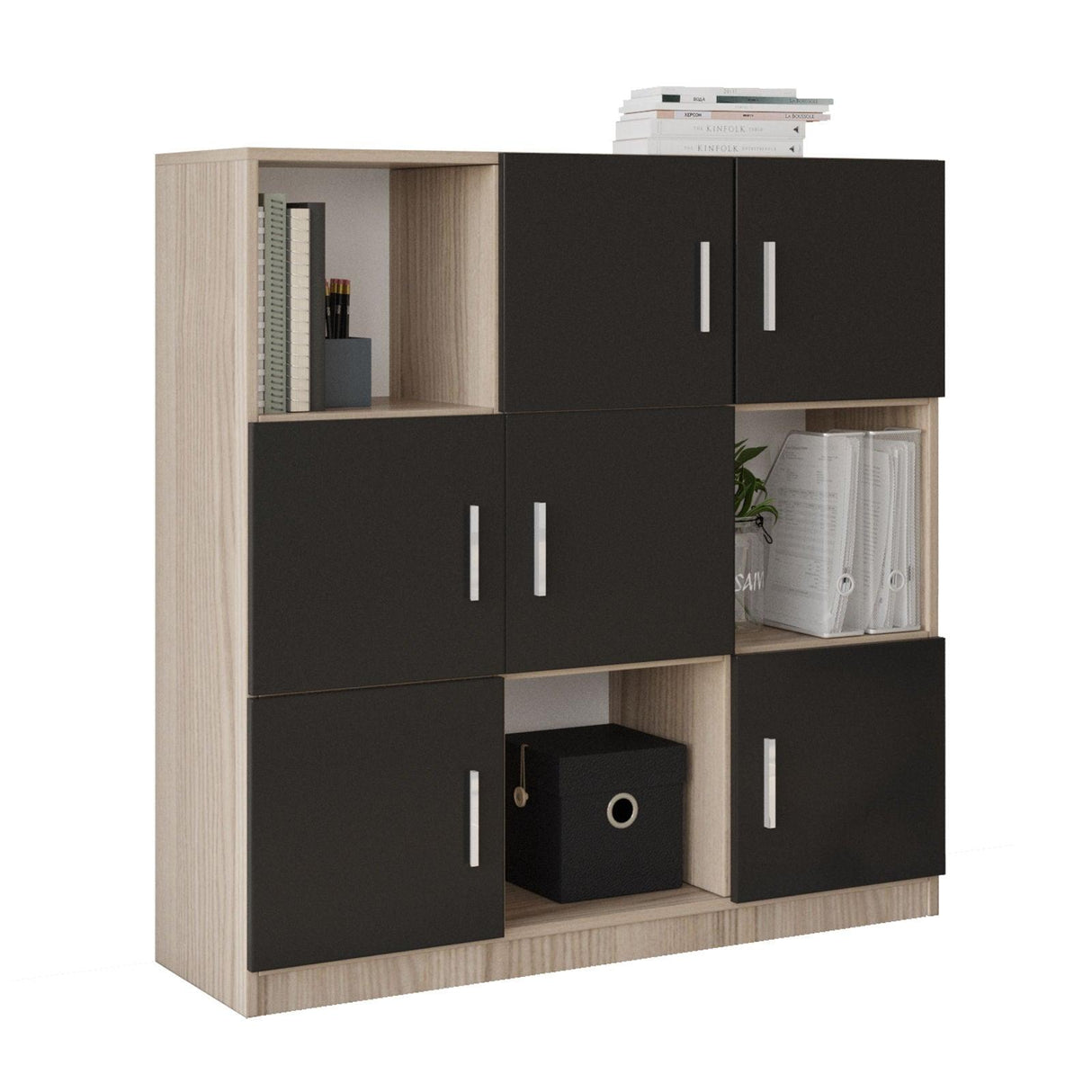Dulap Multifunctional Birou Dormitor Zappu cu 6 Usi, Alb - Negru - Gri, 120 x 122 x 38 cm - Negru, SKU 956LCS1517