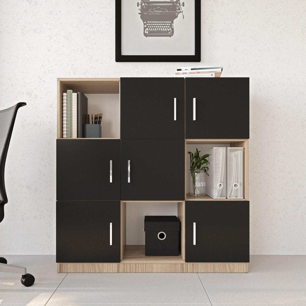 Dulap Multifunctional Birou Dormitor Zappu cu 6 Usi, Alb - Negru - Gri, 120 x 122 x 38 cm - Negru, SKU 956LCS1517