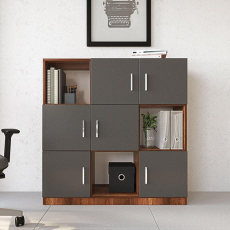 Dulap Multifunctional Birou Dormitor Zappu cu 6 Usi, Alb - Negru - Gri, 120 x 122 x 38 cm