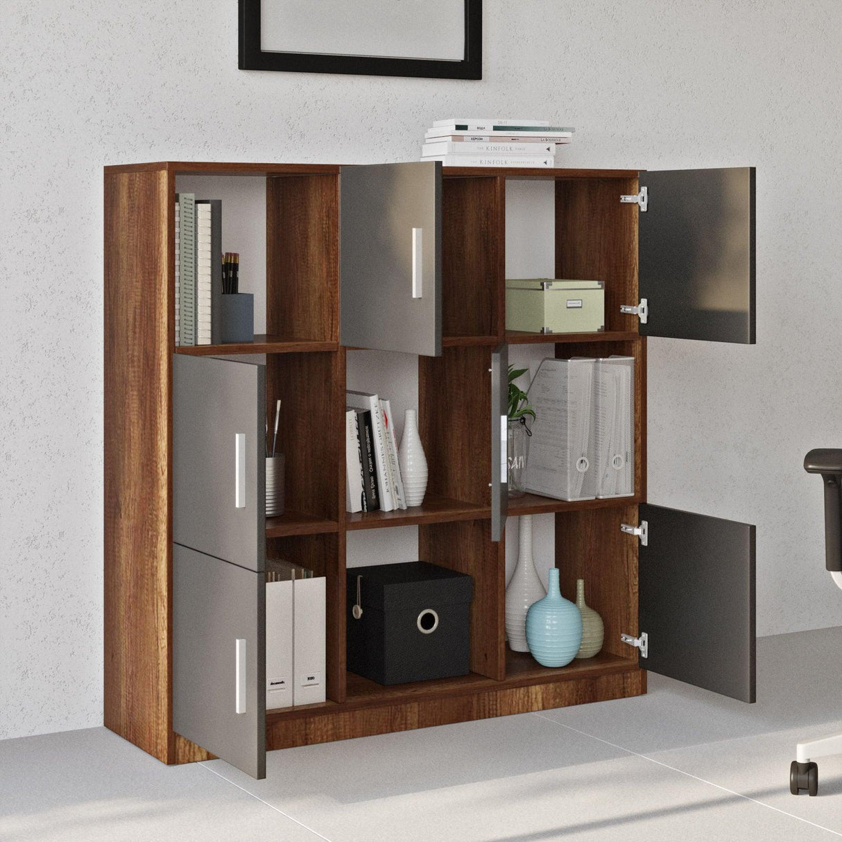 Dulap Multifunctional Birou Dormitor Zappu cu 6 Usi, Alb - Negru - Gri, 120 x 122 x 38 cm - Stil baroc, SKU 956LCS1517