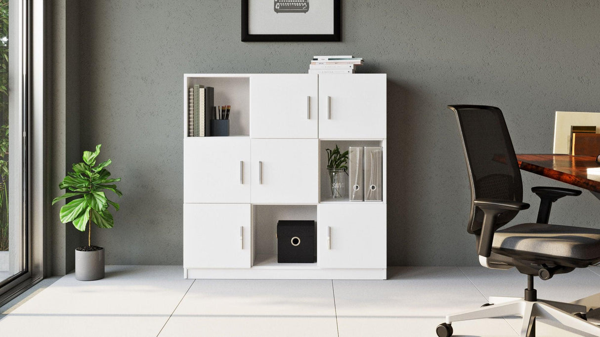 Dulap Multifunctional Birou Dormitor Zappu cu 6 Usi, Alb - Negru - Gri, 120 x 122 x 38 cm - Alb, SKU 956LCS1517