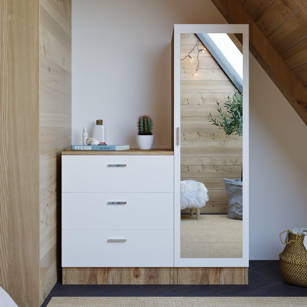 Dulap Haine pentru Casa Frame A Oligo cu Oglinda si 3 sertare, Alb - Gri  - Nuc (diverse dimensiuni) - Lemn Natural, SKU 956LCS1521