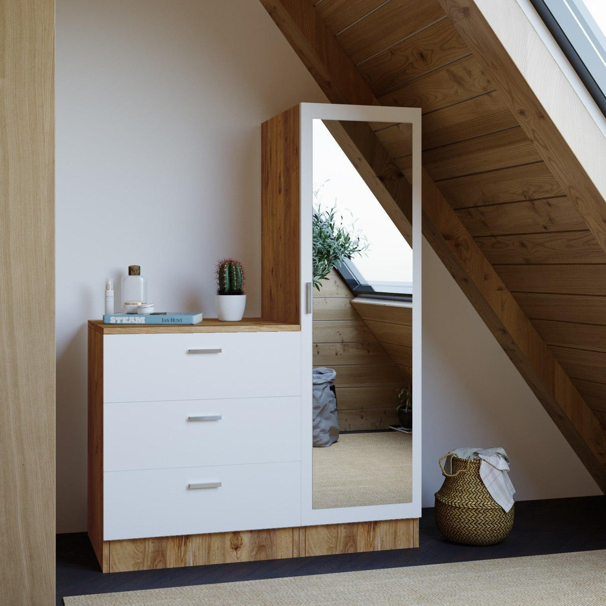 Dulap Haine pentru Casa Frame A Oligo cu Oglinda si 3 sertare, Alb - Gri  - Nuc (diverse dimensiuni) - Lemn Natural, SKU 956LCS1521