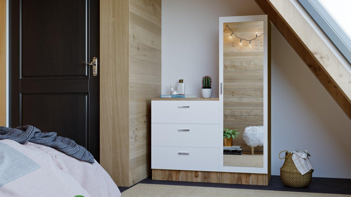 Dulap Haine pentru Casa Frame A Oligo cu Oglinda si 3 sertare, Alb - Gri  - Nuc (diverse dimensiuni) - Lemn Natural, SKU 956LCS1521