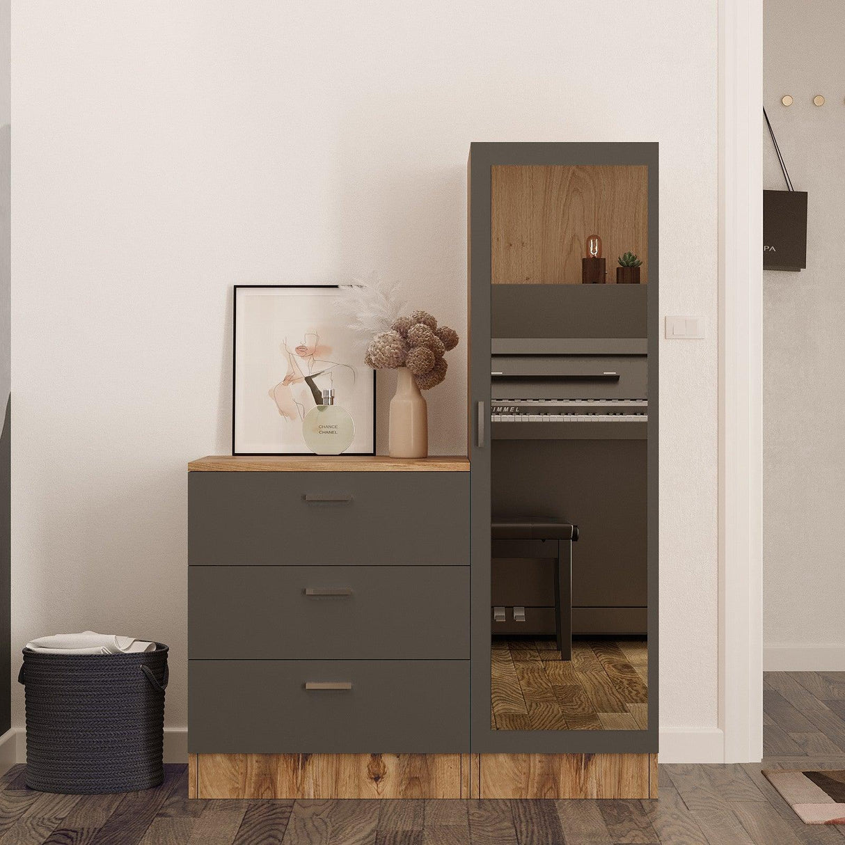 Dulap Haine pentru Casa Frame A Oligo cu Oglinda si 3 sertare, Alb - Gri  - Nuc (diverse dimensiuni) - Gri, SKU 956LCS1521