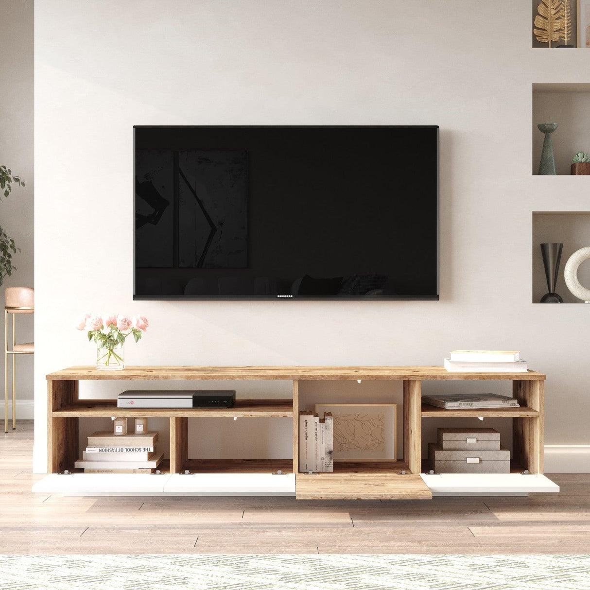 Comoda TV Zirvana 4 Compartimente si Rafturi, 180 x 45 x 45 cm - Alb, SKU 956LCS1605