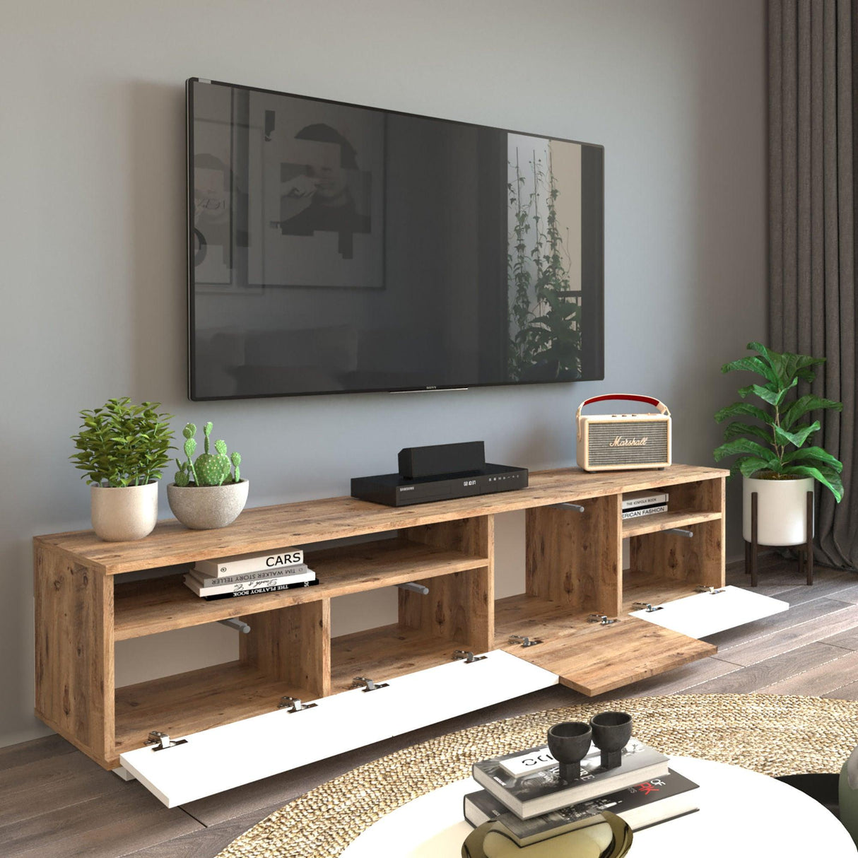 Comoda TV Zirvana 4 Compartimente si Rafturi, 180 x 45 x 45 cm - Alb, SKU 956LCS1605