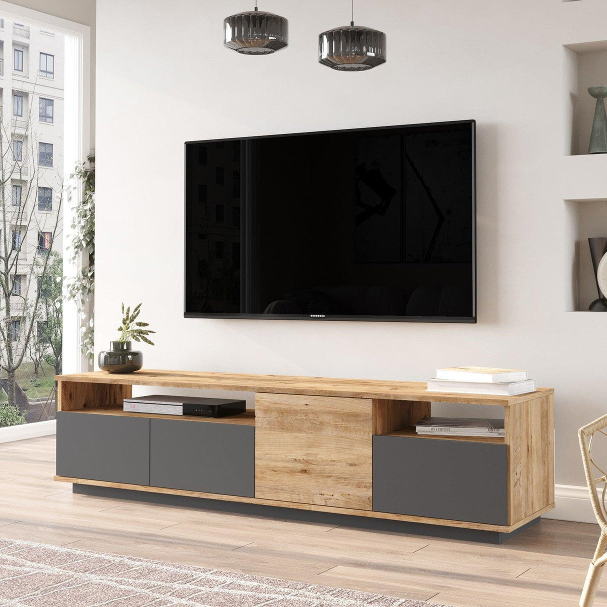 Comoda TV Zirvana 4 Compartimente si Rafturi, 180 x 45 x 45 cm - Gri, SKU 956LCS1605