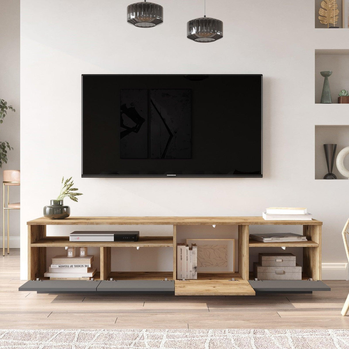 Comoda TV Zirvana 4 Compartimente si Rafturi, 180 x 45 x 45 cm - Gri, SKU 956LCS1605