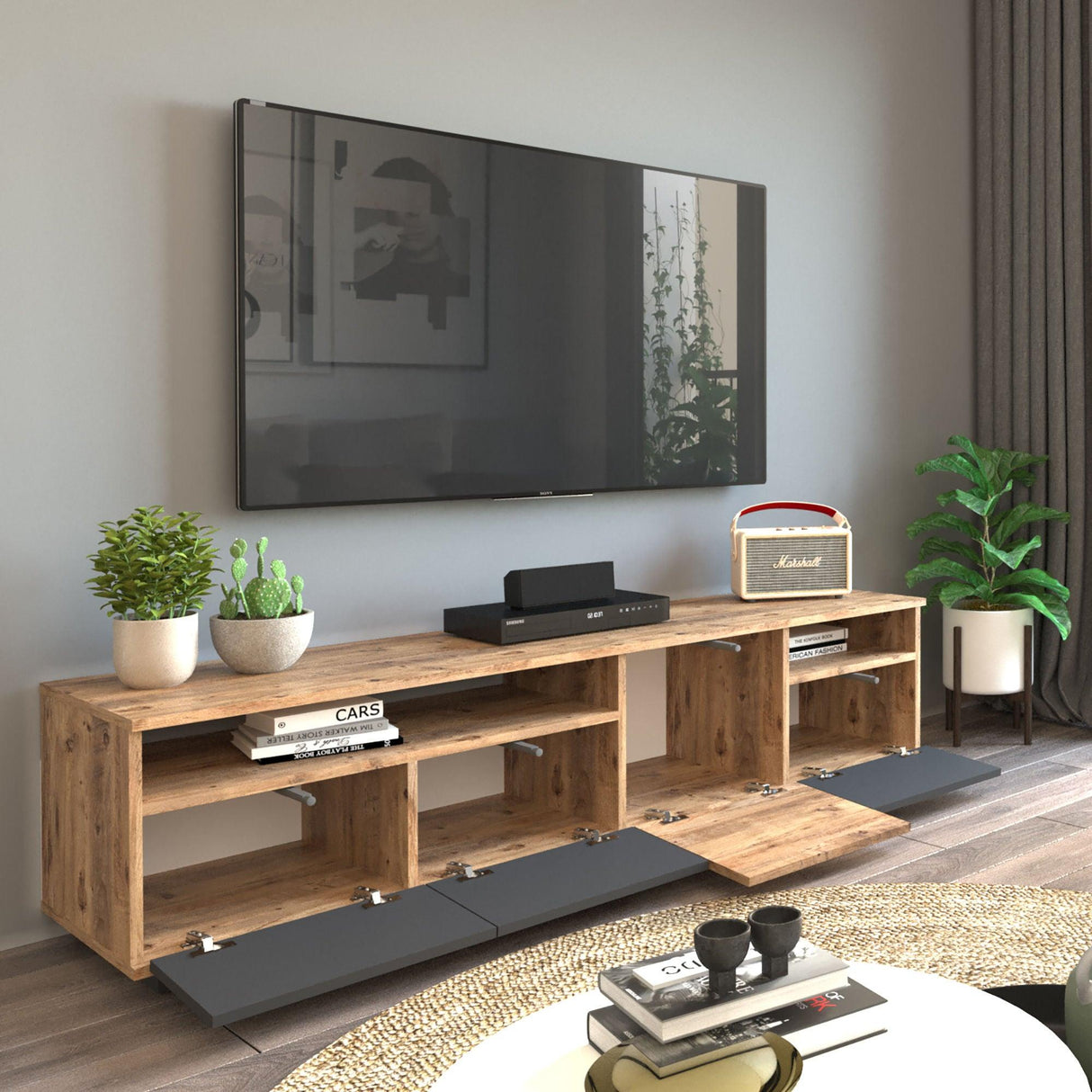 Comoda TV Zirvana 4 Compartimente si Rafturi, 180 x 45 x 45 cm - Gri, SKU 956LCS1605