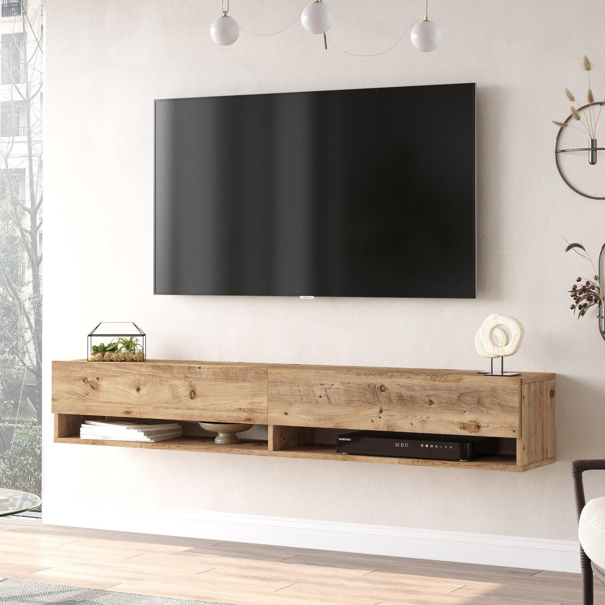 Comoda TV Tivo cu 2 Compartimente si 2 Rafturi, Stejar, 180 x 30 x 32 cm