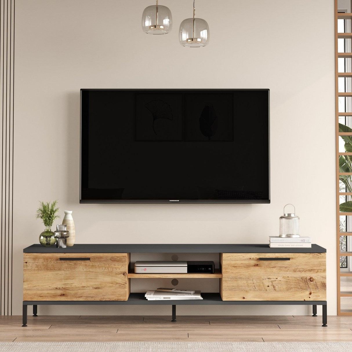 Set Mobila Sufragerie New York, Gri - Stejar, Comoda Tv si Masuta Sufragerie
