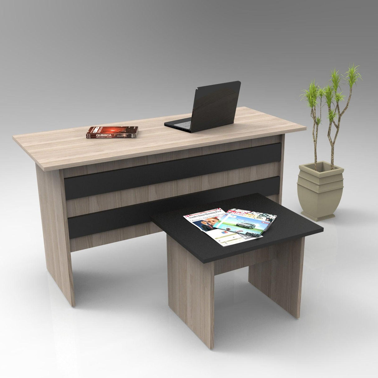 Set de mobilier de birou Serdar, Alb - Nuc - Stejar, Birou - Masuta - Stejar, SKU 956LCS2101