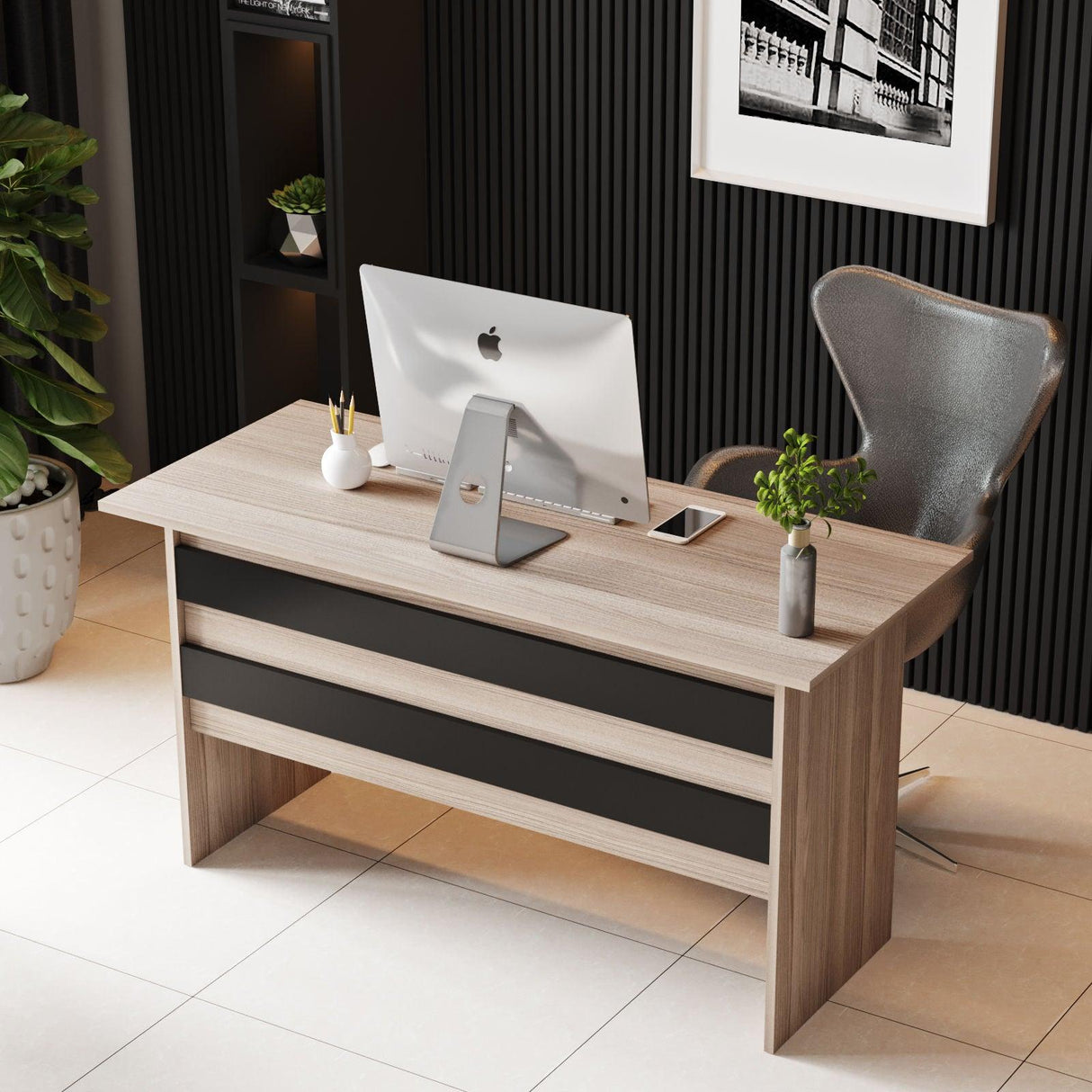 Set de mobilier de birou Serdar, Alb - Nuc - Stejar, Birou - Masuta - Stejar, SKU 956LCS2101