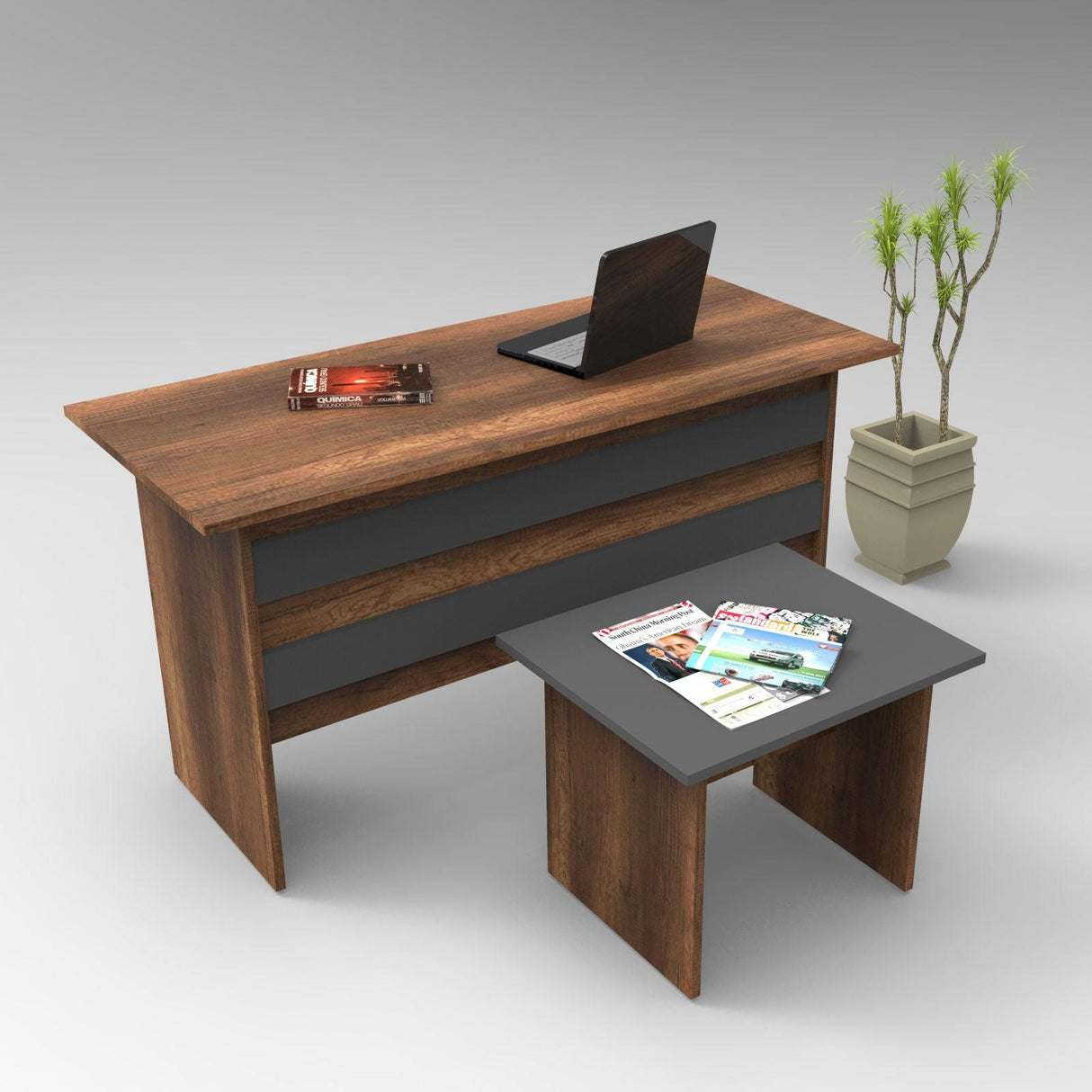 Set de mobilier de birou Serdar, Alb - Nuc - Stejar, Birou - Masuta - Nuc, SKU 956LCS2101
