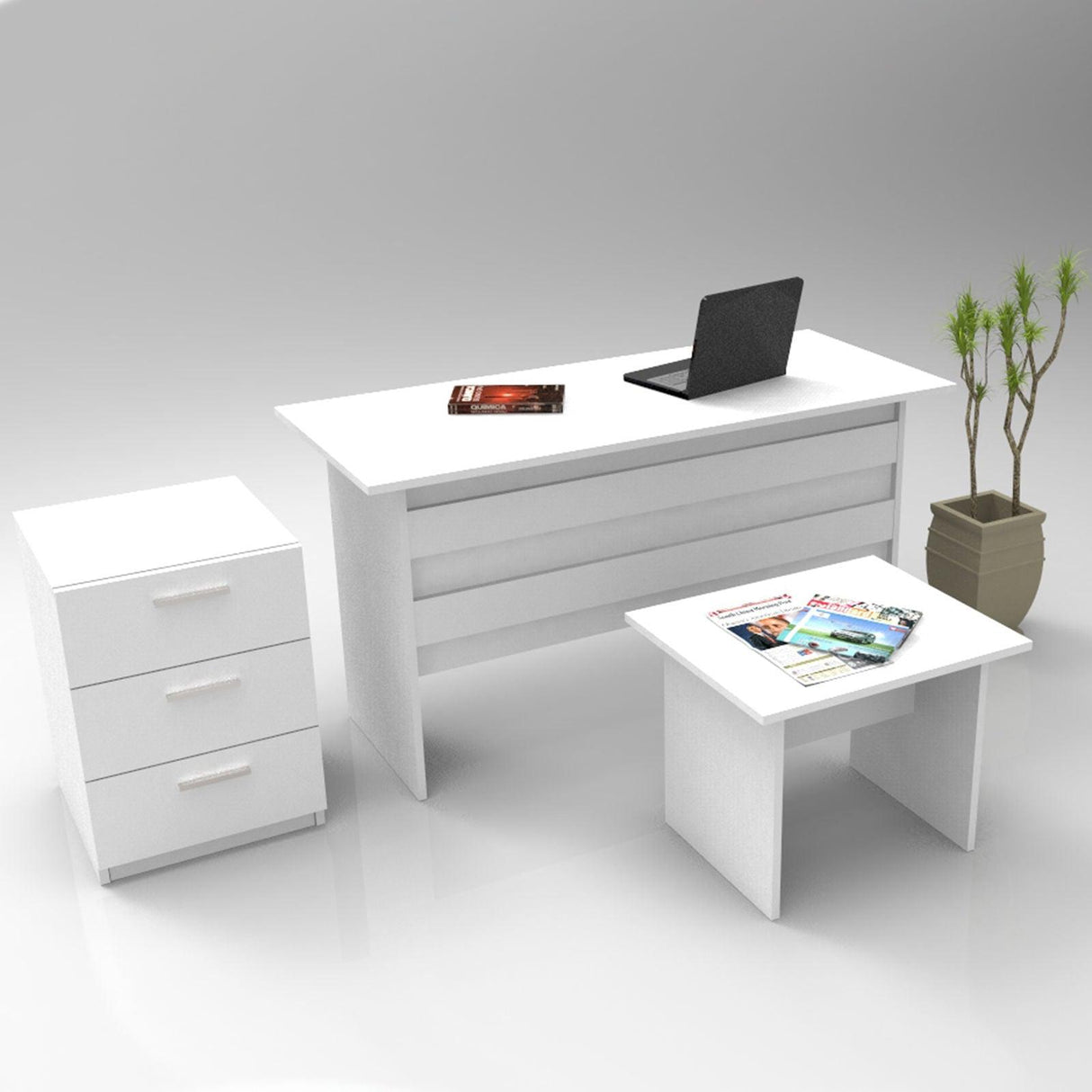 Set de mobilier de birou Hurchis, Alb - Nuc - Stejar, 3 Piese, Birou - Rollbox - Masuta - Alb, SKU 956LCS2104