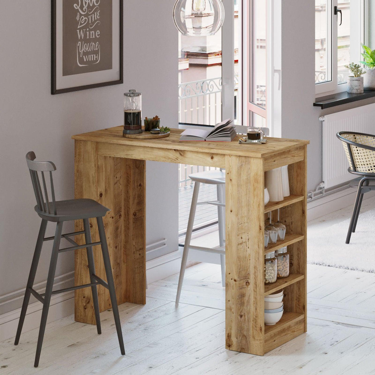 Masa Bucatarie Bar multifunctionala Wallo, Gri - Stejar - Alb - Negru, 120 x 102 x 52 cm - Stejar, SKU 956LCS2201