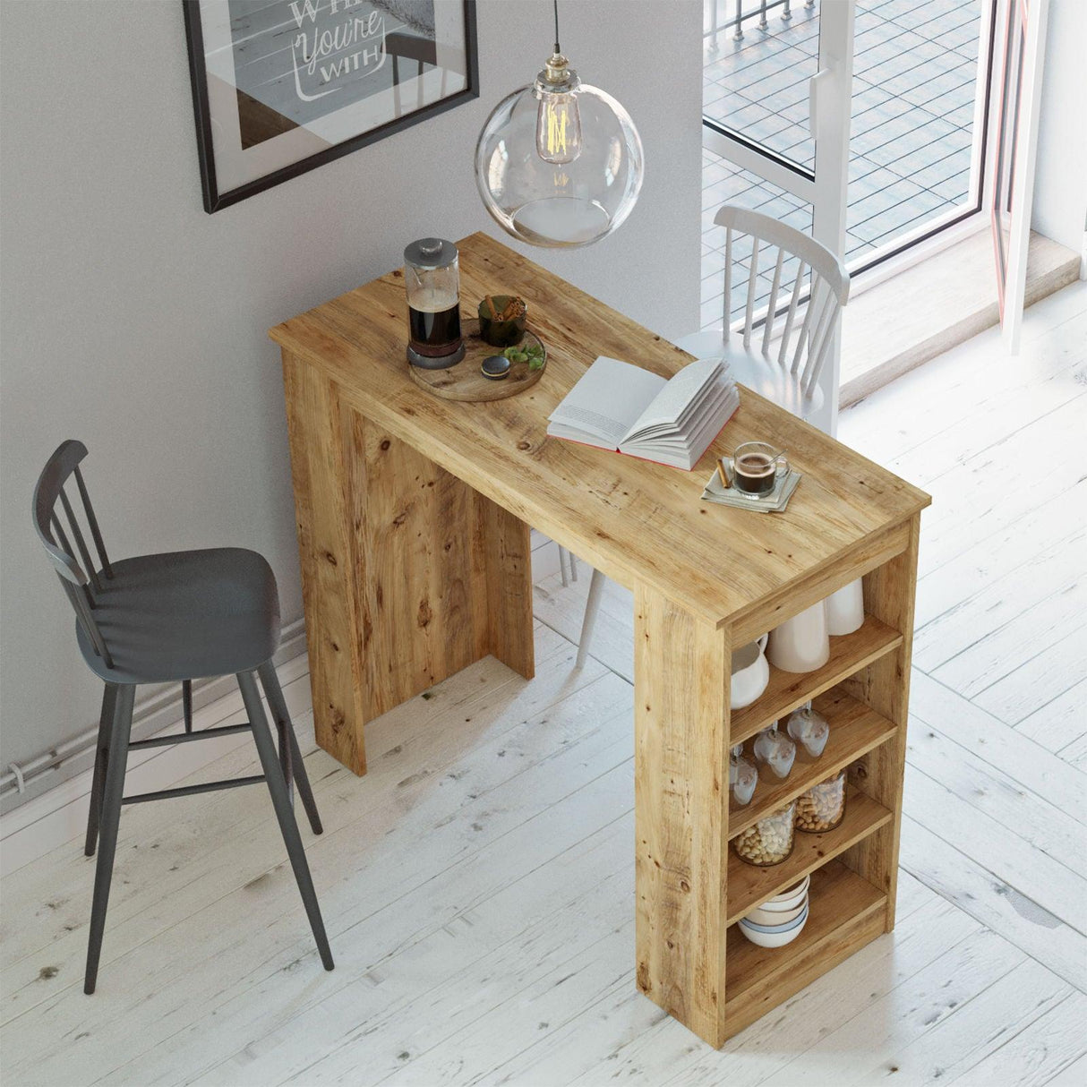 Masa Bucatarie Bar multifunctionala Wallo, Gri - Stejar - Alb - Negru, 120 x 102 x 52 cm - Stejar, SKU 956LCS2201
