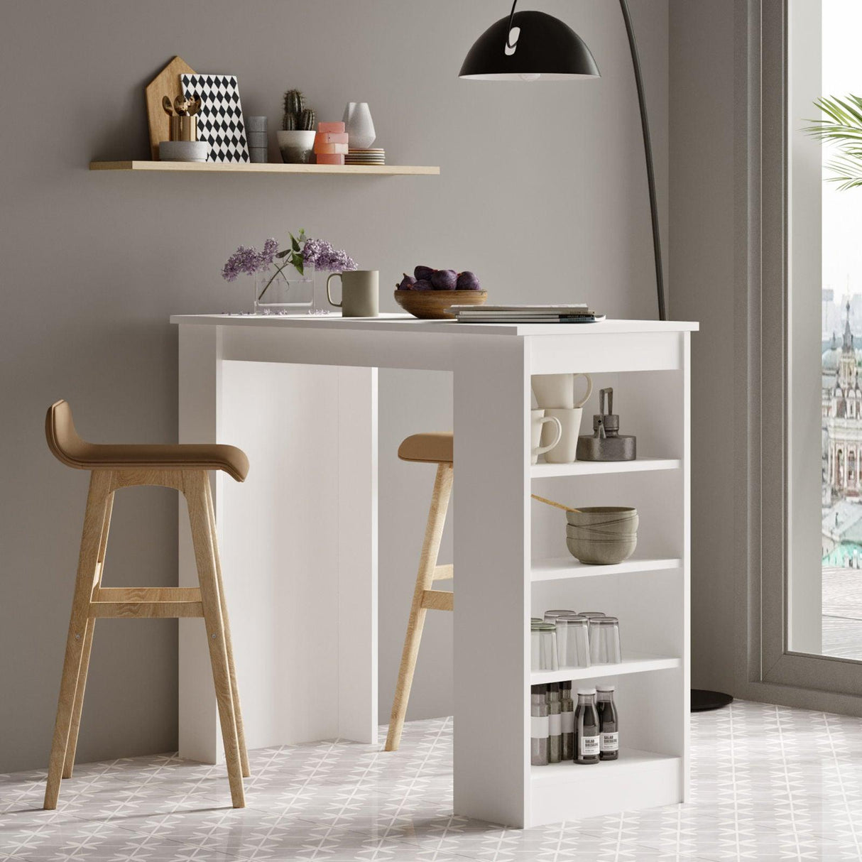 Masa Bucatarie Bar multifunctionala Wallo, Gri - Stejar - Alb - Negru, 120 x 102 x 52 cm - Alb, SKU 956LCS2201