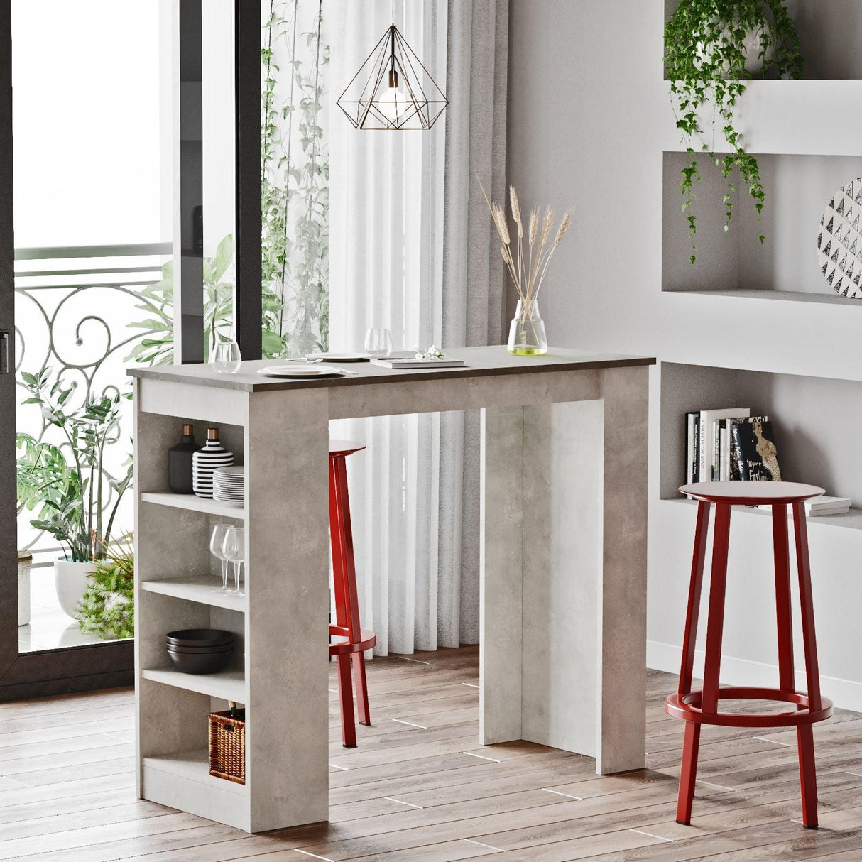 Masa Bucatarie Bar multifunctionala Wallo, Gri - Stejar - Alb - Negru, 120 x 102 x 52 cm - Crem, SKU 956LCS2201