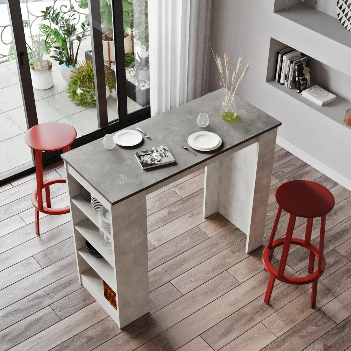 Masa Bucatarie Bar multifunctionala Wallo, Gri - Stejar - Alb - Negru, 120 x 102 x 52 cm - Crem, SKU 956LCS2201