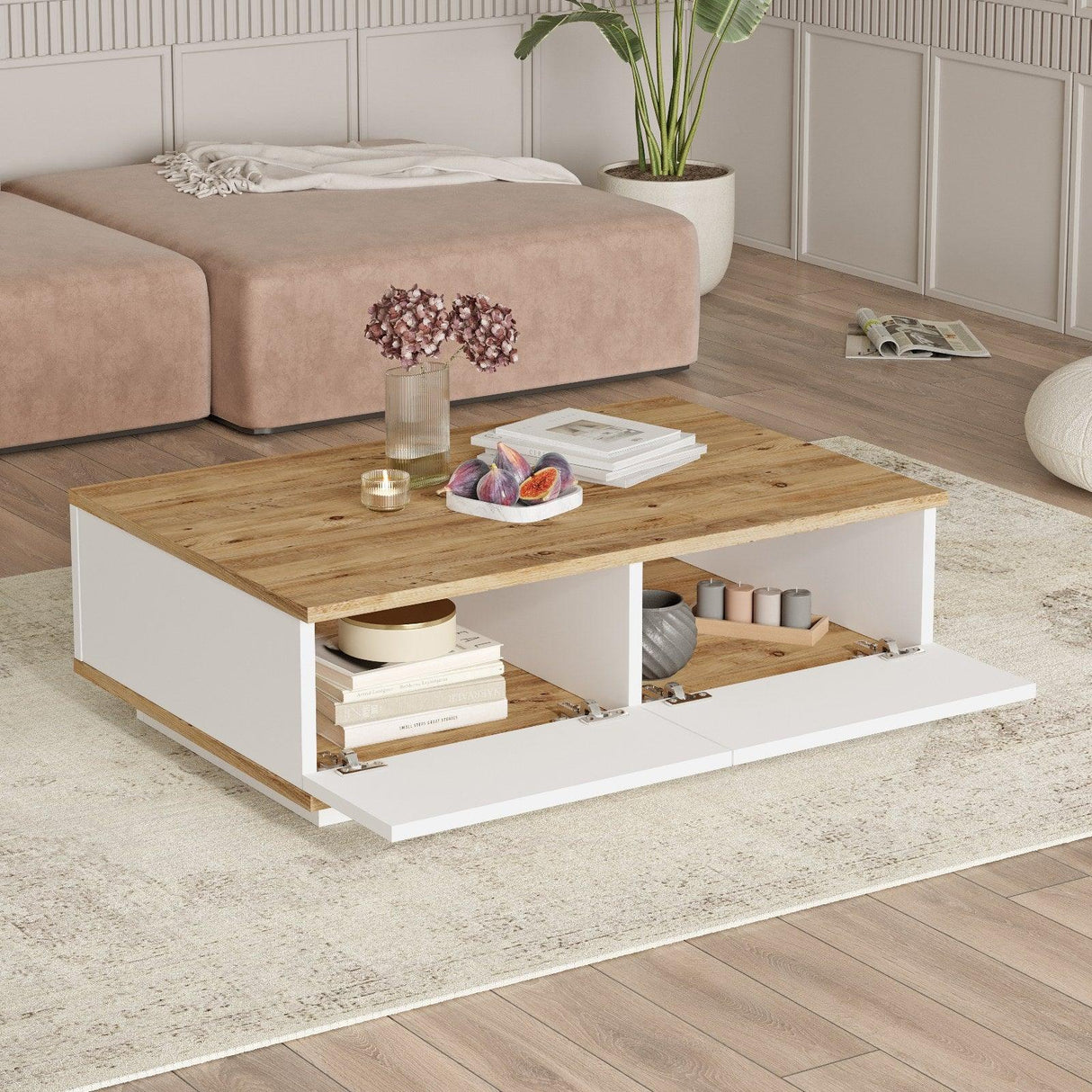 Set Mobila Sufragerie Songul, Alb -  Stejar, Comoda Tv - Consola - Masuta de Cafea
