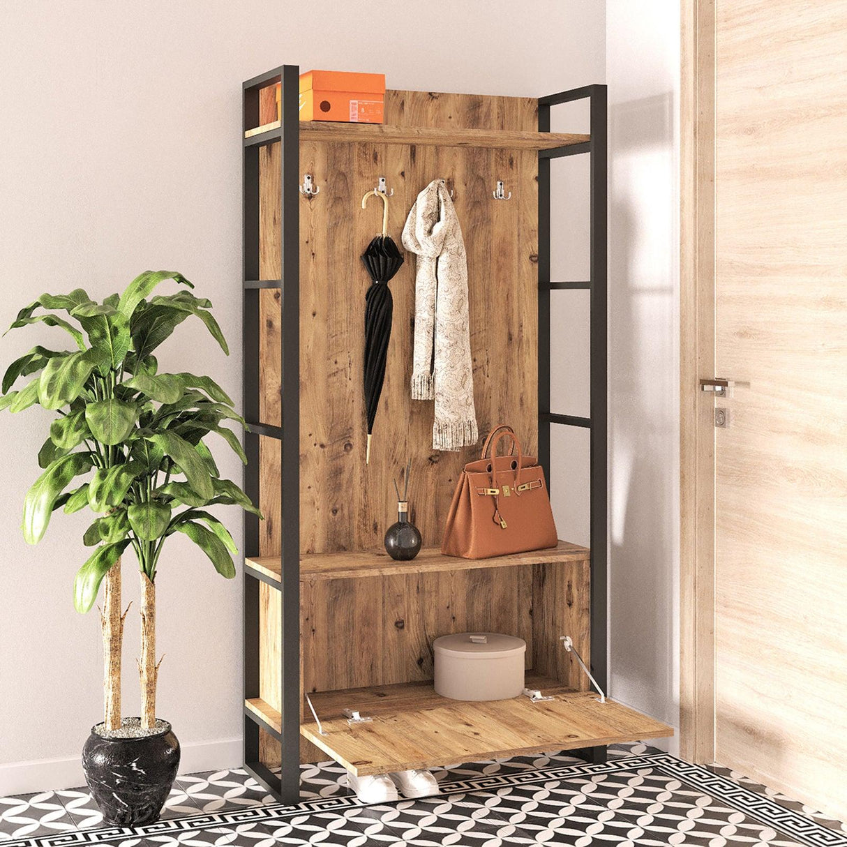 Cuier cu pantofar cadru metal, Stejar, 90 x 180 x 34 cm