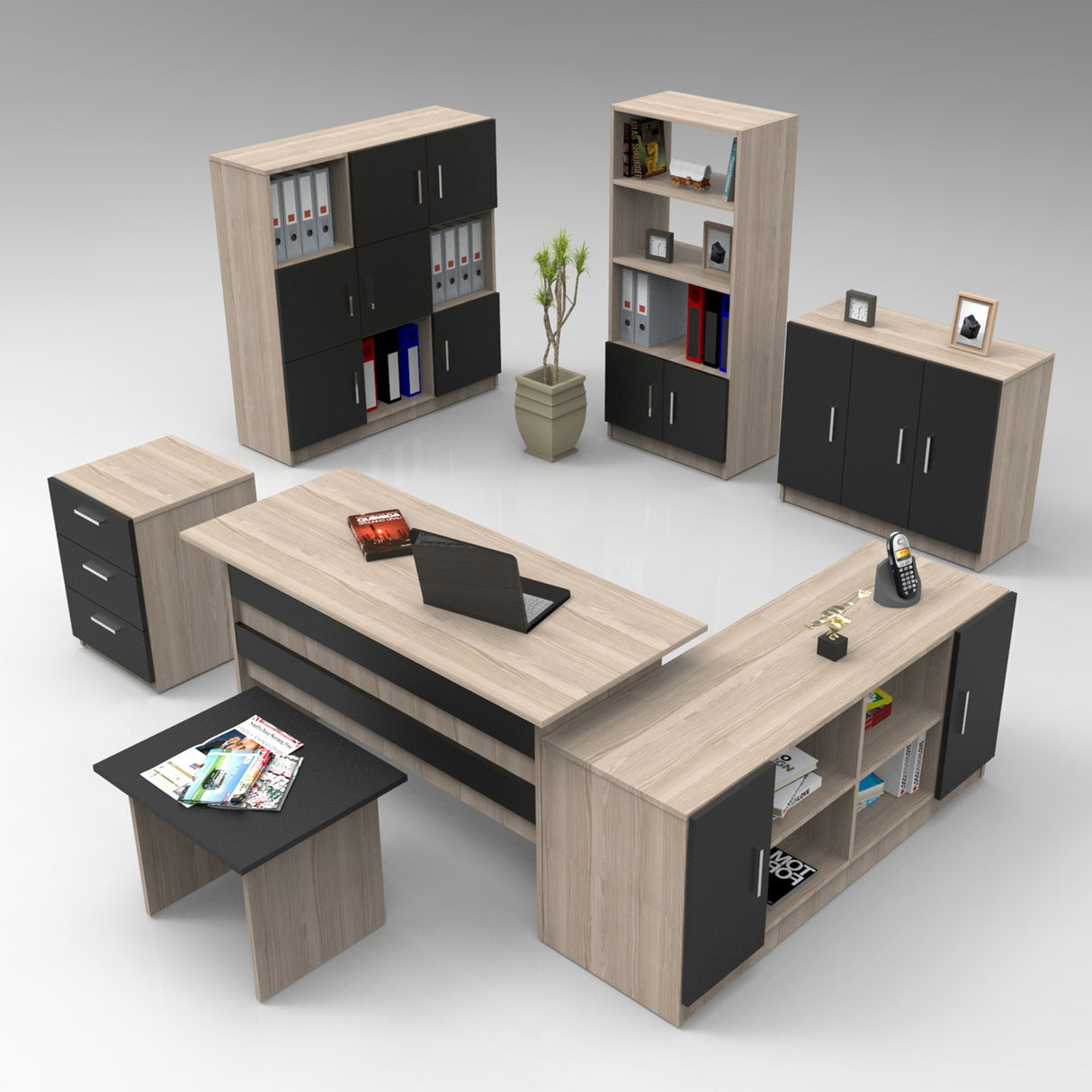 Set mobilier de birou Vo19-Ob, Stejar - Larx - Negru, 140x74x60 cm