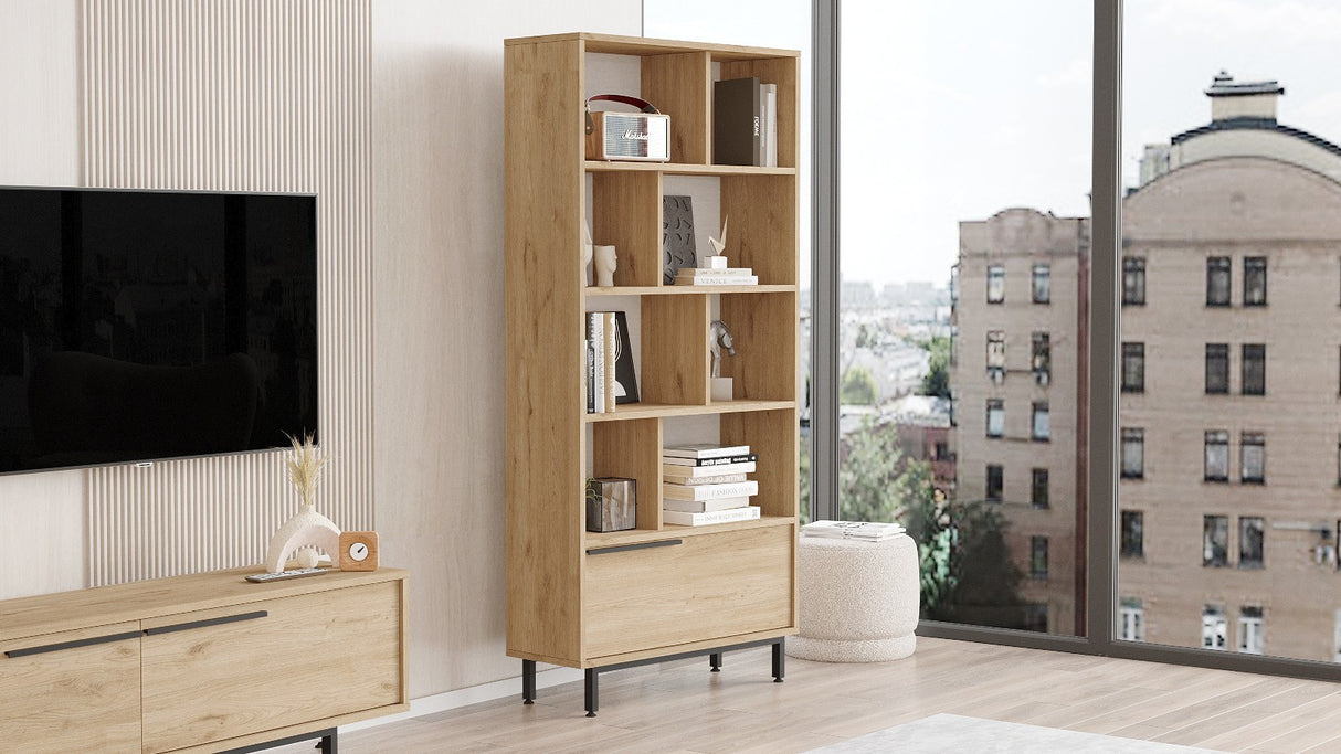 Bibliotecă On4-S, Nuc, 84x30x176 cm