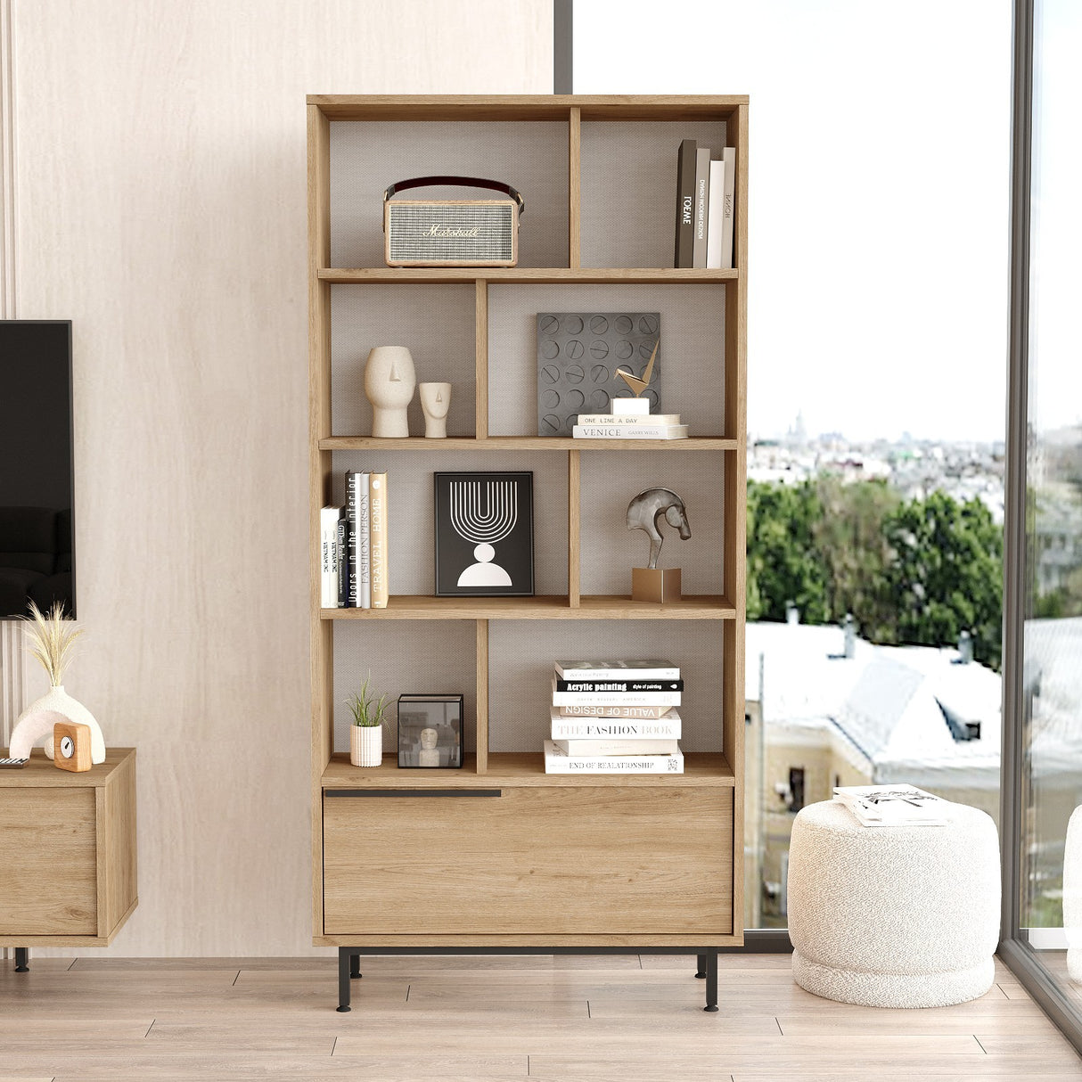 Bibliotecă On4-S, Nuc, 84x30x176 cm