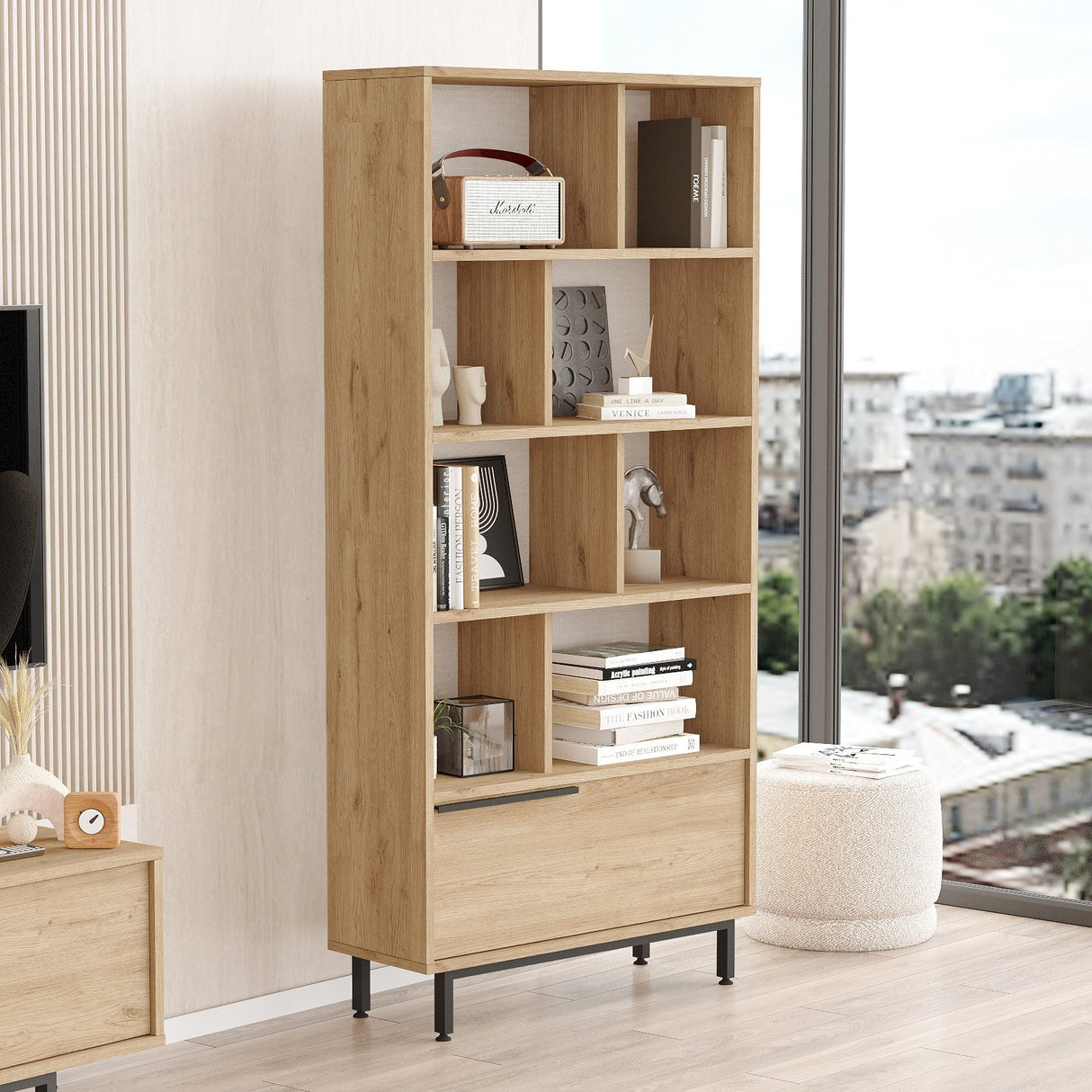 Bibliotecă On4-S, Nuc, 84x30x176 cm
