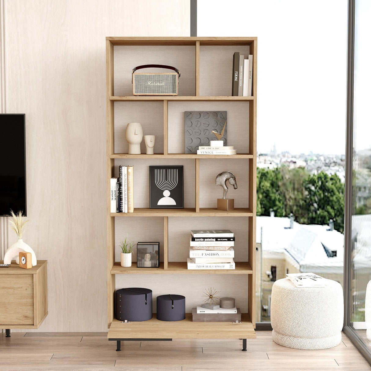Bibliotecă On4-S, Nuc, 84x30x176 cm