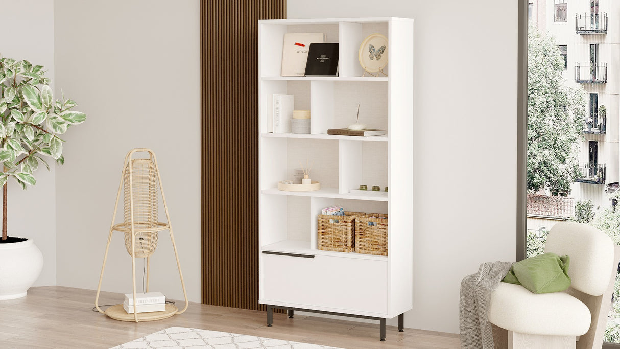 Bibliotecă On4-W, Alb, 84x30x176 cm
