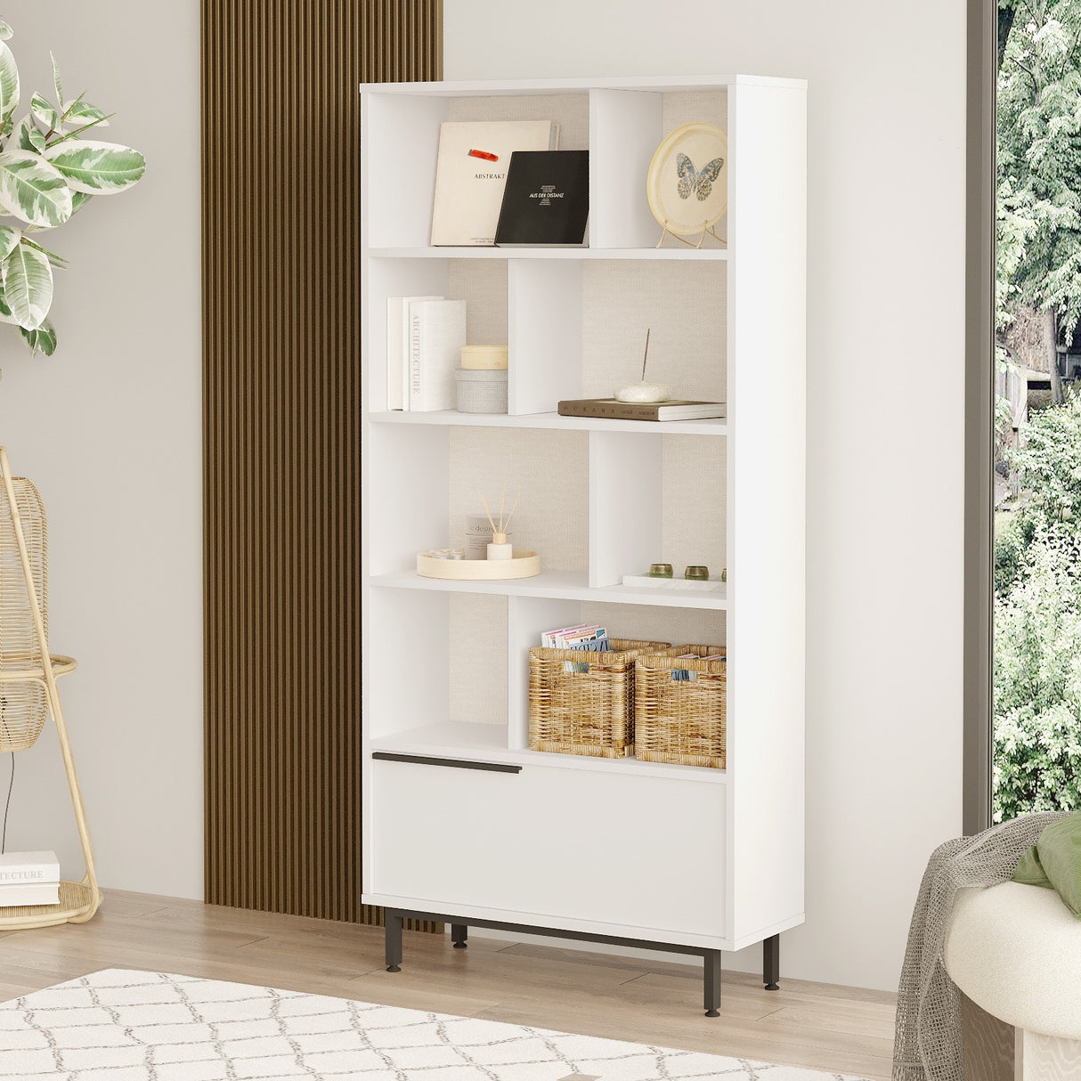 Bibliotecă On4-W, Alb, 84x30x176 cm
