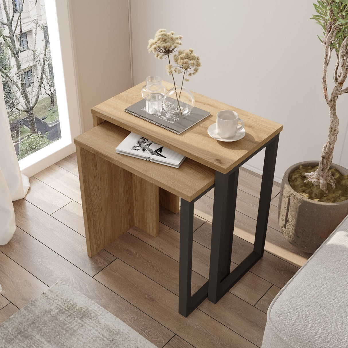 Set 2 măsuțe de cafea On7-Su, Nuc - Stejar, 51x30x53 cm