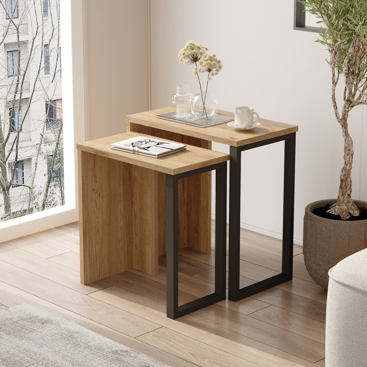 Set 2 măsuțe de cafea On7-Su, Nuc - Stejar, 51x30x53 cm