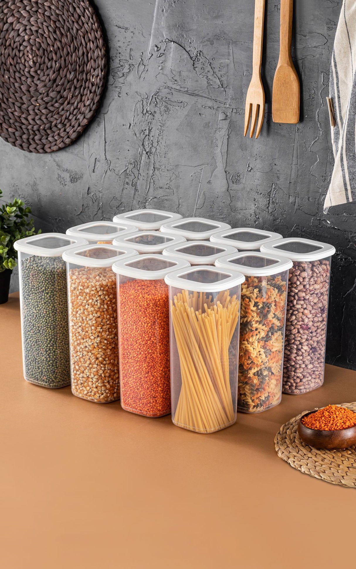 Set recipiente pentru depozitare 12 bucăți BNMPOLYWS12-17, Alb, 10x10x25 cm