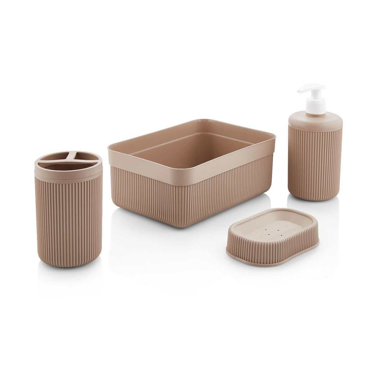 Set de baie Alesta, Diverse culori, Diverse configurații, Diverse dimensiuni - Bej - 23x17x9 cm - 4 bucăți | SKU: 967FRM1102 | Set de baie Alesta, varianta Bej - 23x17x9 cm - 4 bucăți, produs pentru amenajarea locuinței, disponibil online în România la CasaMob