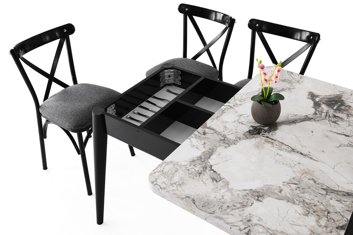 Masă dining extensibilă Dolunay - 1281, Alb - Marble, 100x60x75 cm