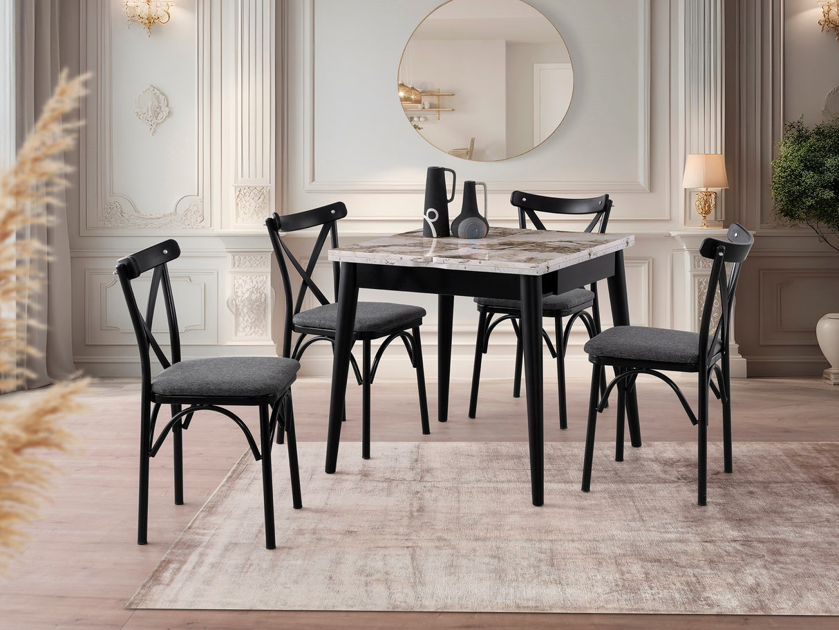Masă dining extensibilă Totem - 3042, Alb - Marble, 80x80x75 cm