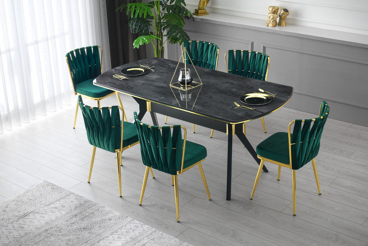Set 4 scaune Kuşaklı - 206 V4, Auriu - Verde, 43x43x82 cm